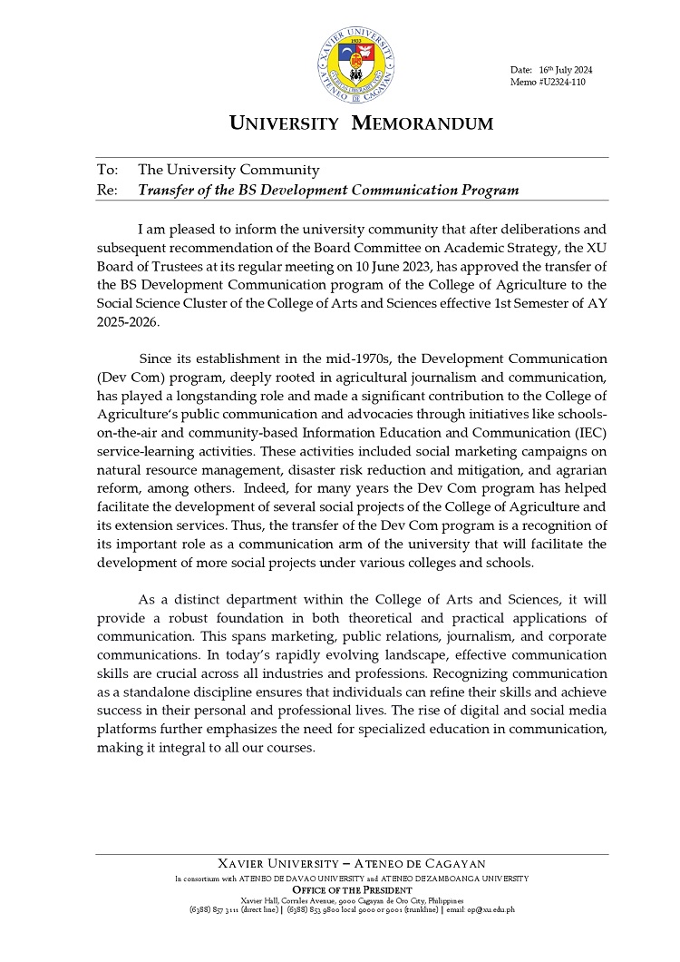 XU DevCom Dept moves to a new&nbsp;college